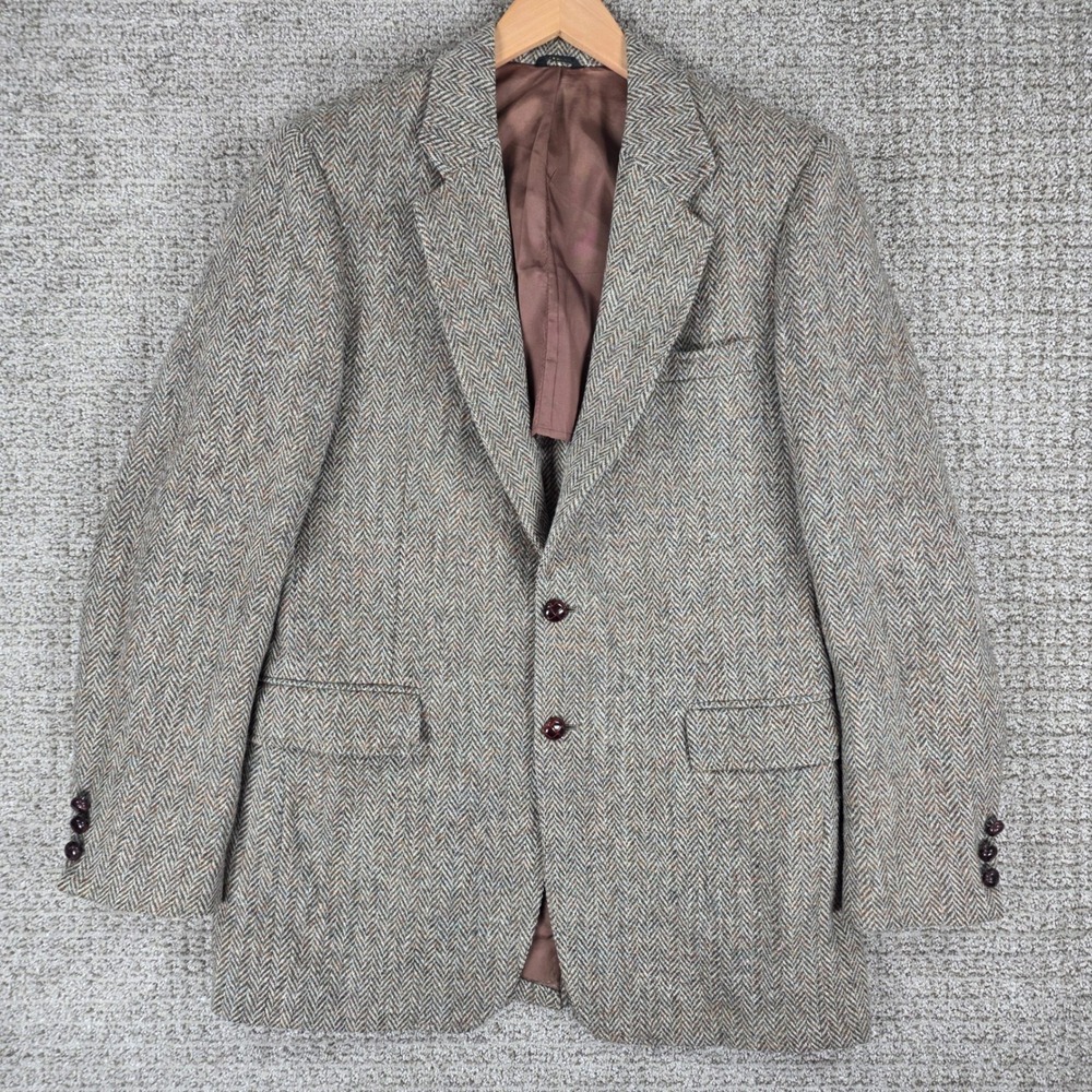 Vintage Harris Tweed Mens 41 Long Blazer Sport Coat Brown Herringbone Wool
